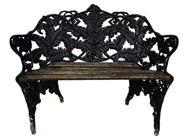 A Coalbrookdale design fern and blackberry cast iron black painted two seater garden bench, 113cm wide.  Illustrated