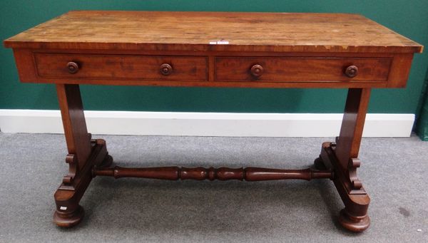 A. Blain Liverpool, an early Victorian mahogany centre table, the rectangular top with pair of frieze drawers on trestle end standards, united by turn