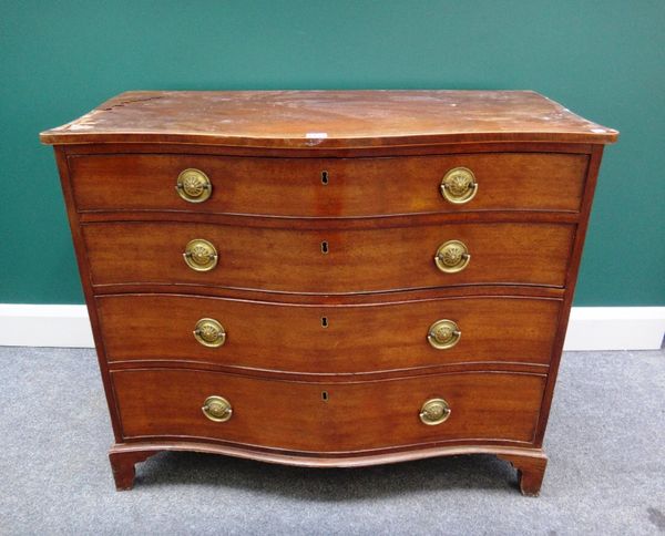 A George III mahogany serpentine chest of four long graduated drawers, on bracket feet, 99cm wide,