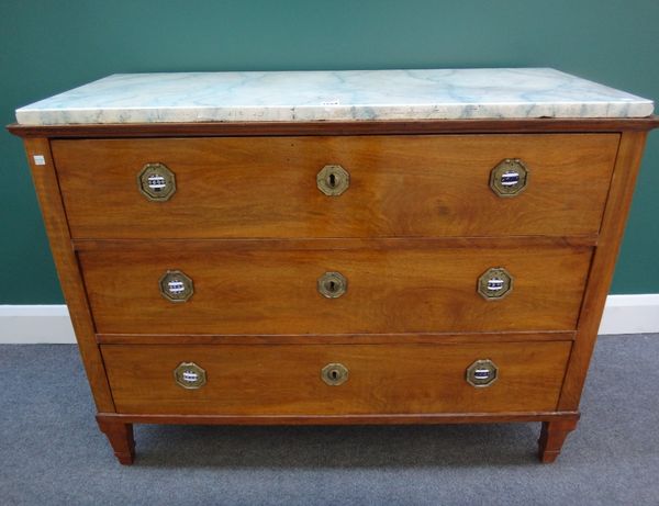 A late 19th century Continental commode, the faux marble top over three long drawers on tapering square supports, 114cm wide.