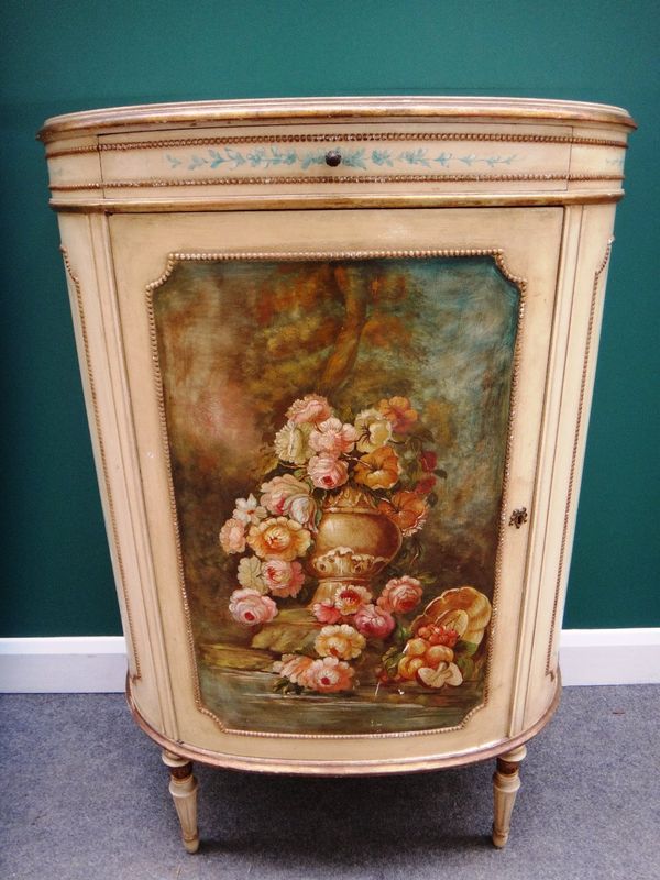 A 20th century floral painted bowfront side cabinet, with single drawer over cupboard, on tapering fluted supports, 82cm wide.