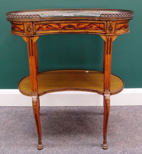 An early 20th century French gilt metal mounted gold painted two tier kidney shaped occasional table, with Vernis Martin style painted top over single