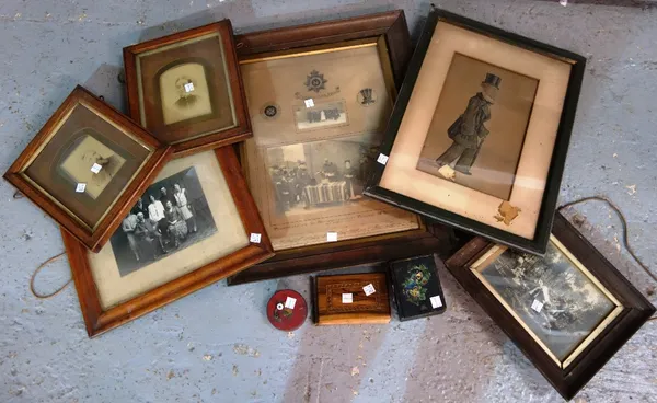 A quantity of collectables including photos relating to the Met police, framed spy print, Jerusalem wood flower press and sundry. (qty)