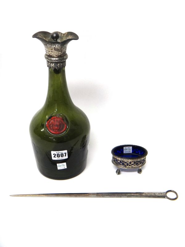 A Victorian Scottish silver mounted green glass bottle applied with a wax seal, the mount detailed 'Freedom and whisky gang thegither tak aff yer dram