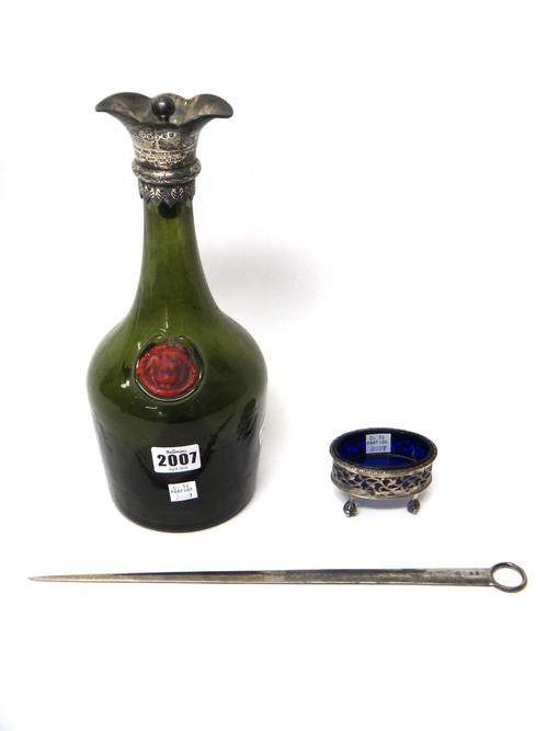 A Victorian Scottish silver mounted green glass bottle applied with a wax seal, the mount detailed 'Freedom and whisky gang thegither tak aff yer dram