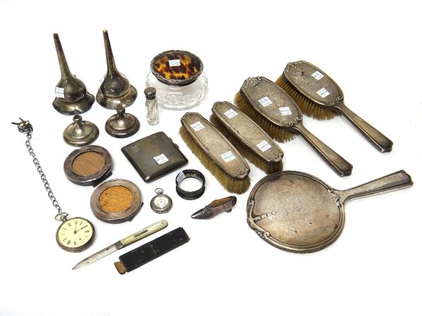 Silver and silver mounted wares, comprising; a pin cushion formed as a shoe, Birmingham 1918, a glass scent bottle, probably Birmingham 1906, a hand m