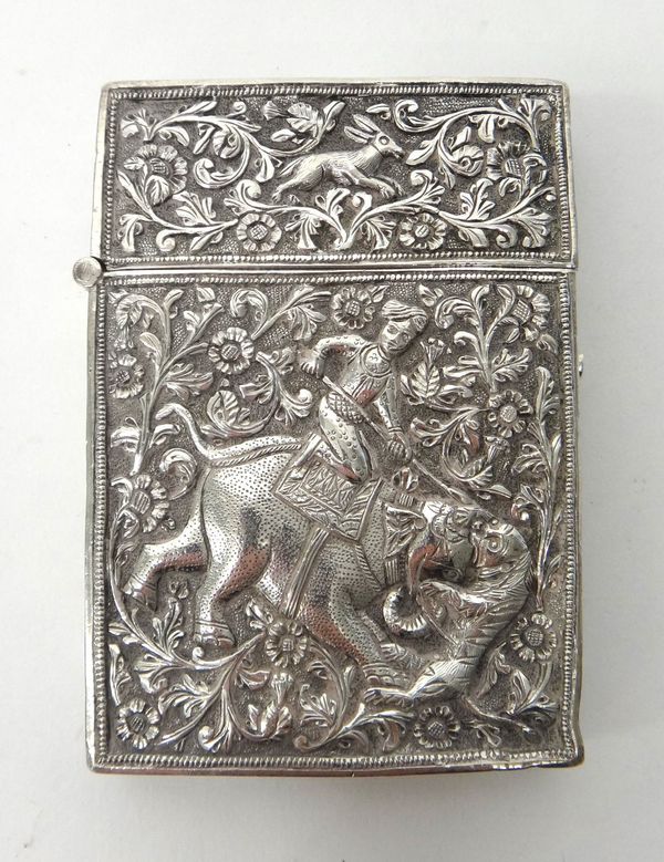 An Eastern rectangular visiting card case, probably Burmese, decorated with hunting scenes with a horse, an elephant and further animals, otherwise de