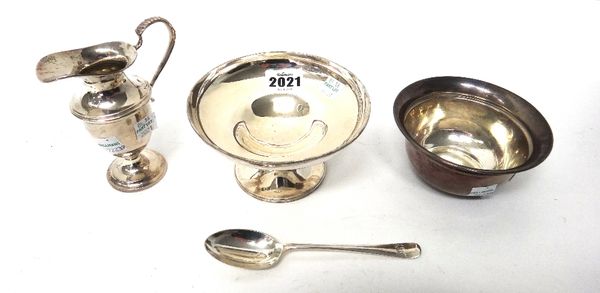 Silver, comprising; a circular pedestal bonbon bowl, on a circular foot, London 1906, a circular christening bowl, Sheffield 1924, a christening spoon