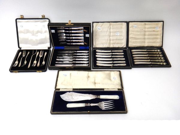 A set of six silver pastry forks and a pastry serving fork, Birmingham 1933, cased and plated sets, comprising;  a pair of fish servers, with mother o