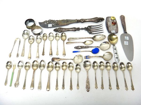 Silver, comprising; twelve teaspoons, with a matching pair of sugar tongs and five further spoons, combined weight 246 gms, foreign wares, comprising;