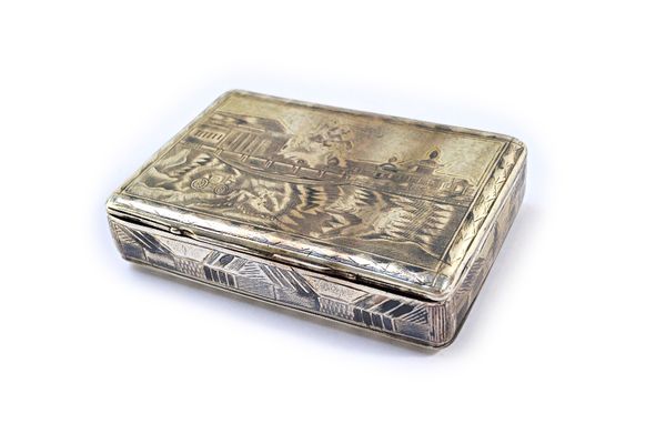 A Russian niello decorated rectangular cigarette case, the exterior decorated with a variety of scenes, including buildings and a motor car, detailed