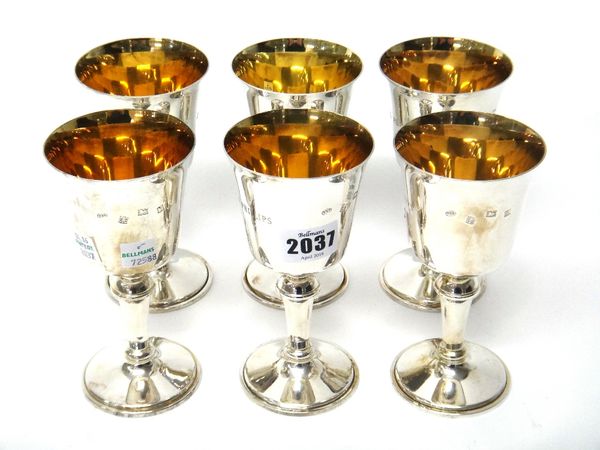 A set of six silver goblets, each gilt within, presentation inscribed, detailed 'THE WEDDING OF H.R.H PRINCESS ANNE TO MARK PHILLIPS NOVEMBER 14TH 197