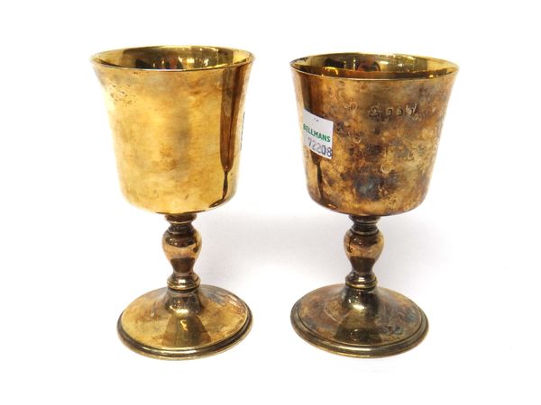 Two similar Bvlgari Britannia Standard silver gilt goblets, each on a circular foot, differing makers, S.B and W & W, London 1968, the other uncertain