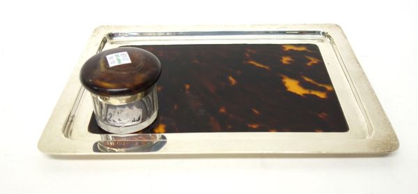 A silver framed rectangular tortoiseshell dressing table tray, Birmingham 1928, size 27cm x 19.5cm and a silver and tortoiseshell lidded faceted glass