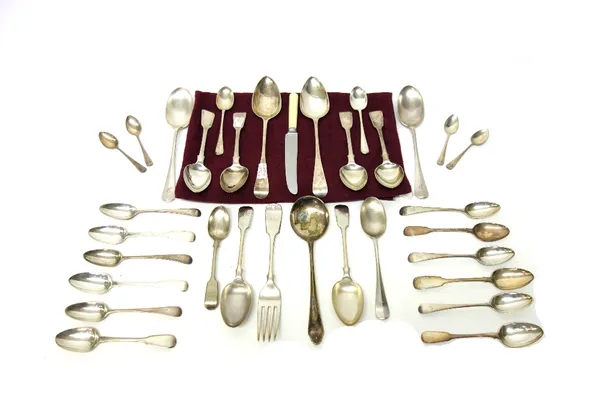 Silver, comprising; four fiddle pattern dessert spoons, London 1837, a pair of Old English pattern tablespoons, London 1812, six Old English pattern t