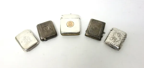 A Victorian silver vesta case, London 1880, by S. Mordan, together with four further silver vesta cases, Birmingham, 1898, 1909, 1911, and 1949.