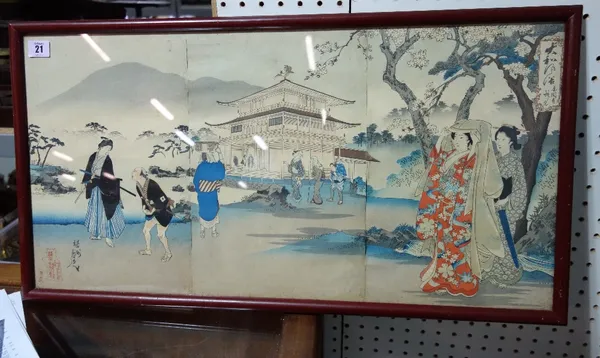 A framed and glazed Oriental print depicting figures in a landscape.
