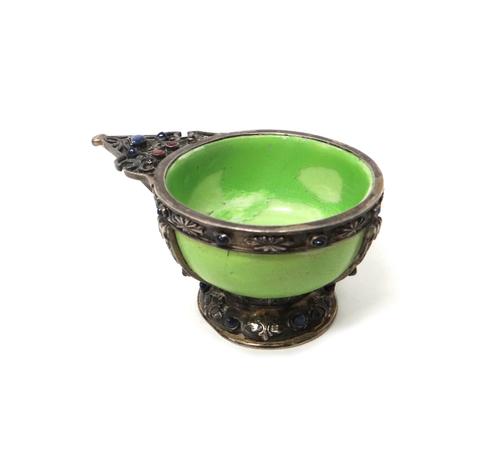 A Russian gilt, sapphire, ruby and gem set cup, the handle with pierced decoration, later fitted with a pale green painted liner, length  10.5cm, deta