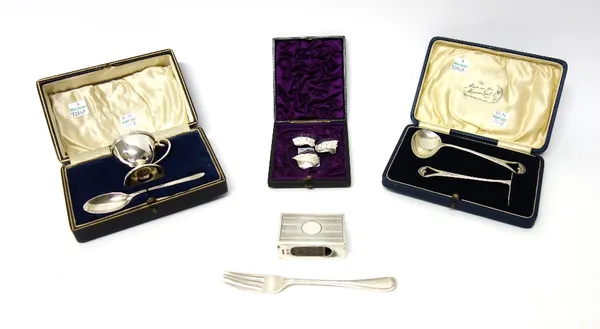 Silver and silver mounted wares, comprising; a christening egg cup and spoon, Sheffield 1925 and 1926, cased, a christening pusher and spoon, the hand