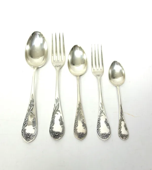 A Swiss 800 Standard part table service of Schilf pattern No 7 table flatware, comprising; eight tablespoons, eight dessert spoons, eight teaspoons, e
