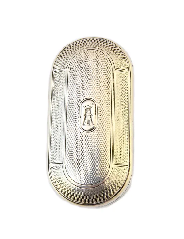 A William IV silver snuff box, of curved rectangular form, gilt within, the exterior engine turned and crest engraved by S. Mordan & Co, London 1834,