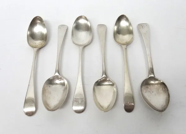 Six silver Old English pattern dessert spoons, various dates, combined weight 209 gms.