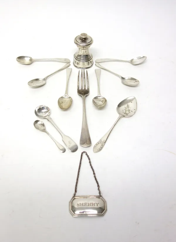 Silver and silver mounted wares, comprising; an Old English pattern table fork, Sheffield 1903, a pepper mill, seven various spoons and a decanter lab