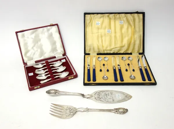 A set of six silver King's pattern teaspoons, Sheffield 1973, cased, a pair of Victorian silver sugar tongs and plated wares, comprising; a pair of fi
