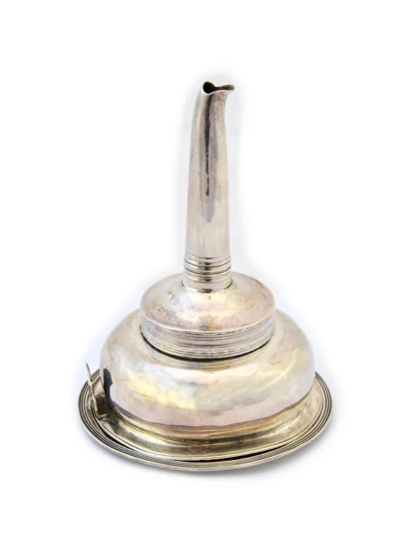 A George III Scottish silver wine funnel, with a matching circular wine funnel stand, crest and motto engraved, Edinburgh 1801, combined weight 156 gm
