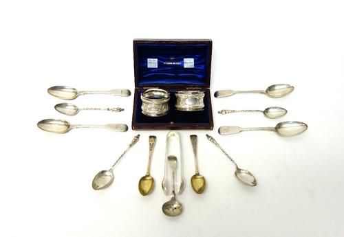 Silver, comprising; a pair of late Victorian napkin rings, with scrolled decoration, Sheffield 1900, cased, four fiddle pattern teaspoons, various dat
