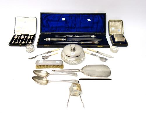 Silver, comprising; a set of six rat tail pattern coffee spoons, Birmingham 1939, with a case, two napkin rings, with a case, a square napkin ring, tw