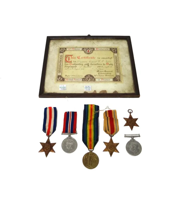 The 1914-19 Victory Medal to 9-15702 SJT.W.A.NORRIE. R.IR.RIF.with a 36th Ulster Division named certificate awarded for gallantry and devotion to duty