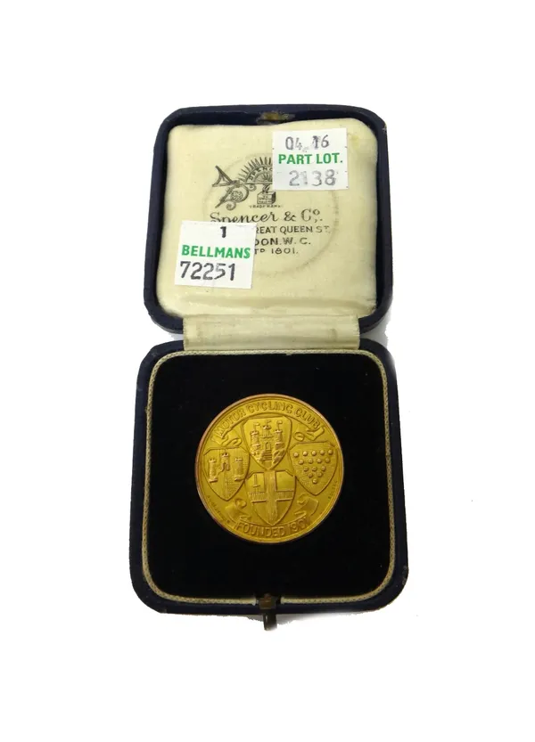 A 9ct gold medallion, detailed Motor Cycling Club, founded 1901 and detailed to the reverse High Speed Trial 1927 H.E. Mills Solo, Birmingham 1927, we