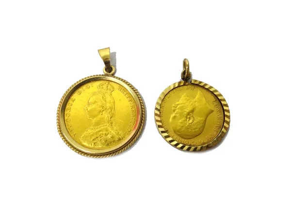 A Victoria Jubilee head sovereign 1887, in a 9ct gold pendant mount and an Edward VII half sovereign 1907, in a 9ct gold pendant mount.