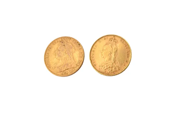 A Victorian Jubilee head sovereign 1889 and a Victoria old head sovereign 1901.  Illustrated