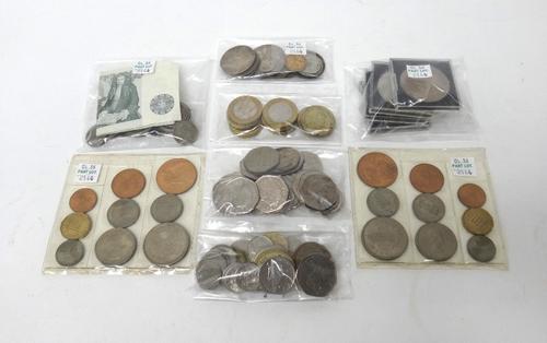 An Edward VII half sovereign 1908, a Victoria jubilee head double florin 1887, a Victoria Jubilee head half crown 1887, four Elizabeth II 1953 Coronat