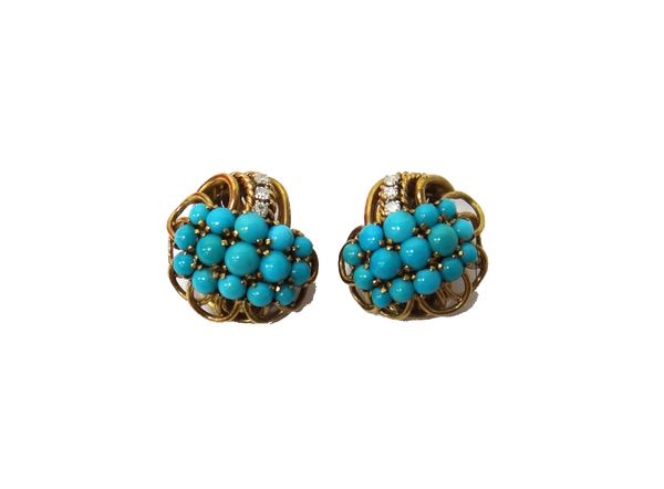 A pair of 9ct gold, diamond and turquoise set earclips, each of abstract form, probably London 1967, gross weight 12.1 gms.