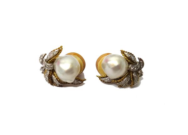 A pair of gold, diamond set and baroque cultured pearl earclips, each formed as a stylized bud, mounted with a single baroque cultured pearl and other