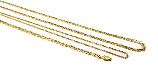 A gold necklace, in an interwoven link design, on a sprung hook shaped clasp, detailed 18 CT 750, a bracelet in a similar design and a gold faceted ro