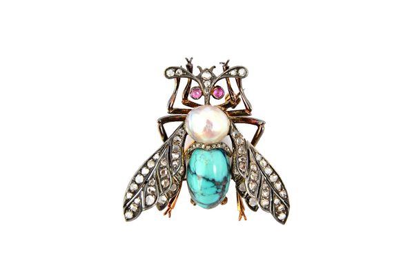 A gold backed and silver fronted, rose diamond, turquoise matrix and cultured pearl brooch, designed as a winged insect, having rose diamond set wings