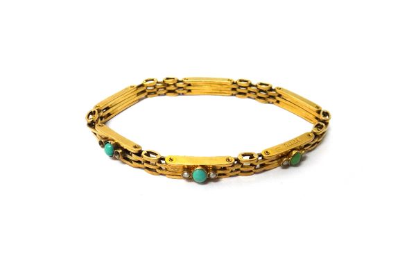 A gold, turquoise and half pearl set bracelet, in an expanding curved bar link design, detailed 9 CT (two half pearls lacking).