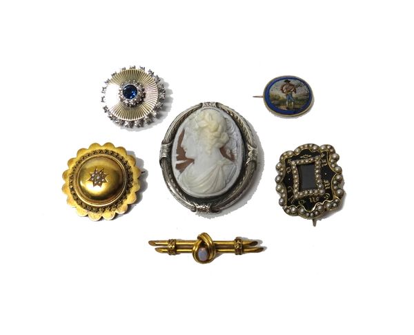 A gold and opal set single stone bar brooch, detailed 15 CT, a Victorian seed pearl set shaped circular brooch, an oval micro-mosaic brooch, designed