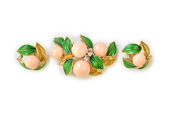 A gold, diamond and coral set and green enamelled brooch, designed as a fruiting and foliate spray, detailed 18 K and a pair of gold, diamond and cora