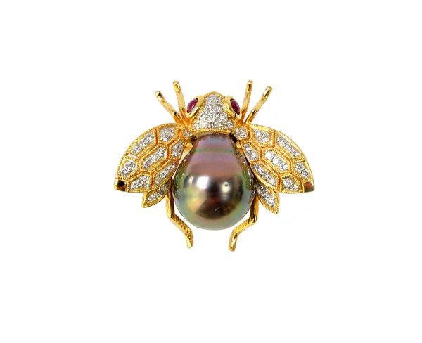 A gold, diamond and ruby set and grey tinted cultured pearl brooch, designed as a winged insect, the body formed from the grey tinted cultured pearl,