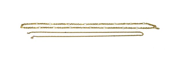 An 18ct gold neckchain, in a twin bar and oval link design, on a sprung hook shaped clasp, length 64cm, weight 14 gms and a gold ropetwist link neckch