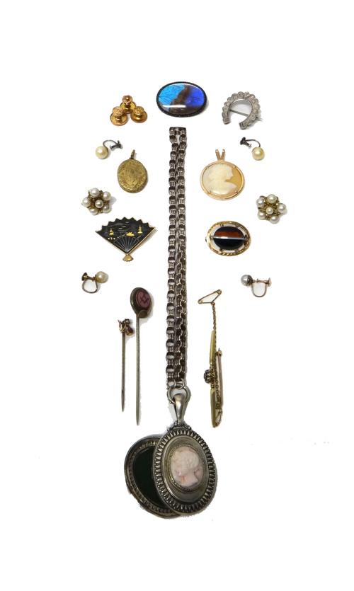 A pair of diamond, moonstone and cultured pearl set pendant earrings, the tops with wire fittings, a pair of cultured pearl cluster earrings, two furt