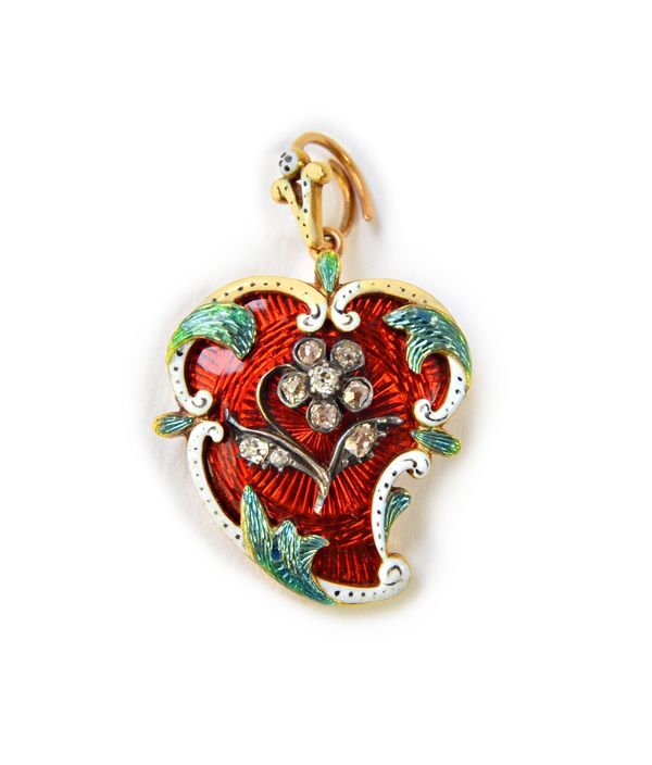 A gold, enamelled and diamond set pendant brooch, the front with a diamond set flower spray, on a red guilloche enamelled ground, within a shaped gree