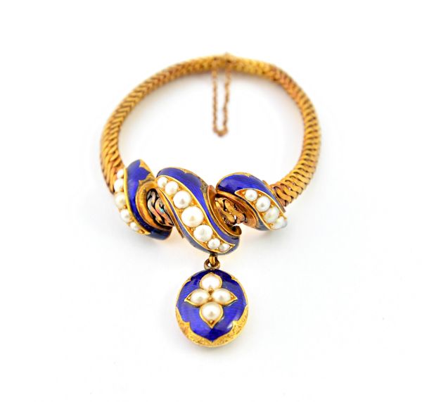 A gold, blue enamelled and half pearl set bracelet, in a serpentine linkage design, the front with three scrolled motifs, mounted with a row of half p