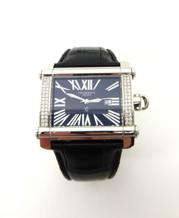 A gentleman's steel cased and diamond set Charriol electronic wristwatch, the signed rectangular black dial with Roman numerals, centre seconds and wi