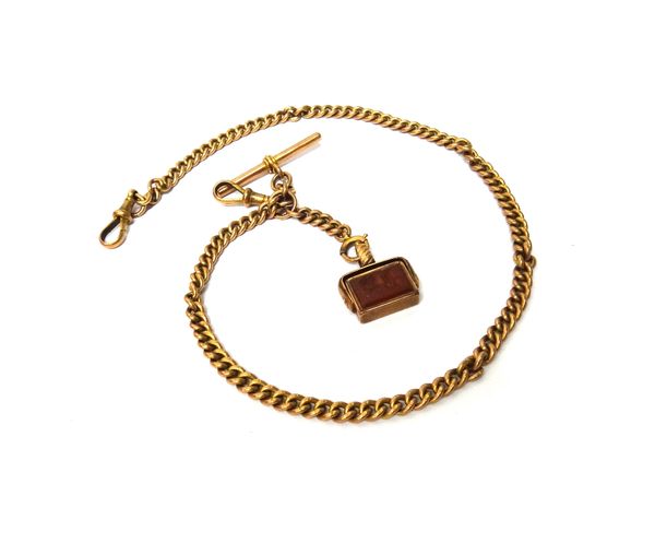 A 9ct gold, uniform curb link watch Albert chain, fitted with a 9ct gold T bar, two 9ct gold swivels and with a rotating rectangular cornelian set pen